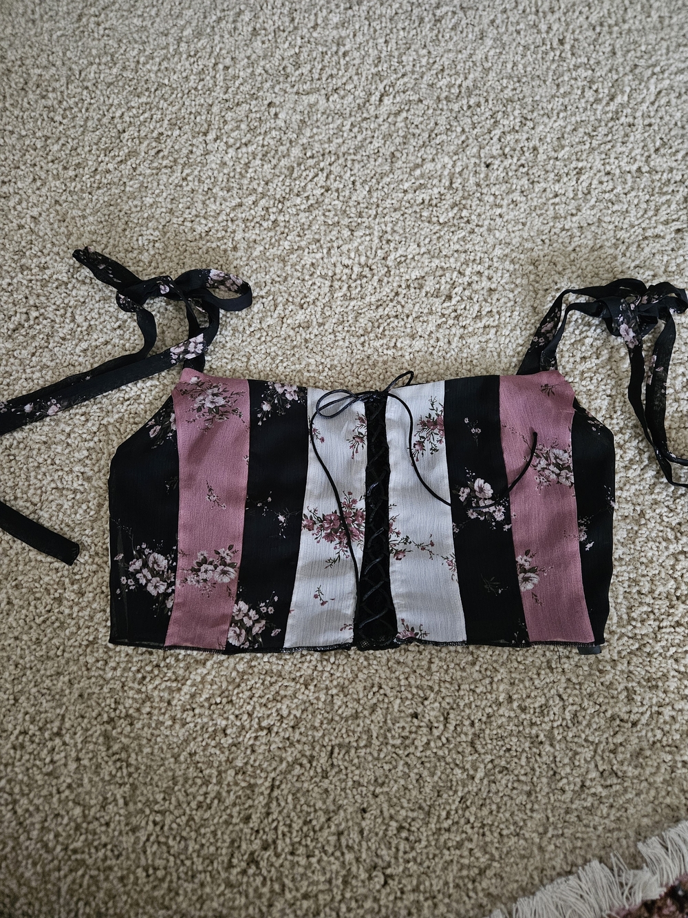 Dolls Kill Black, Pink & White Striped Floral Lace-Up Cami Crop Top